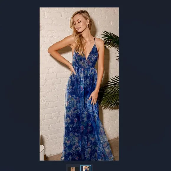 bloom wildly navy blue floral organza maxi dress LULU's
